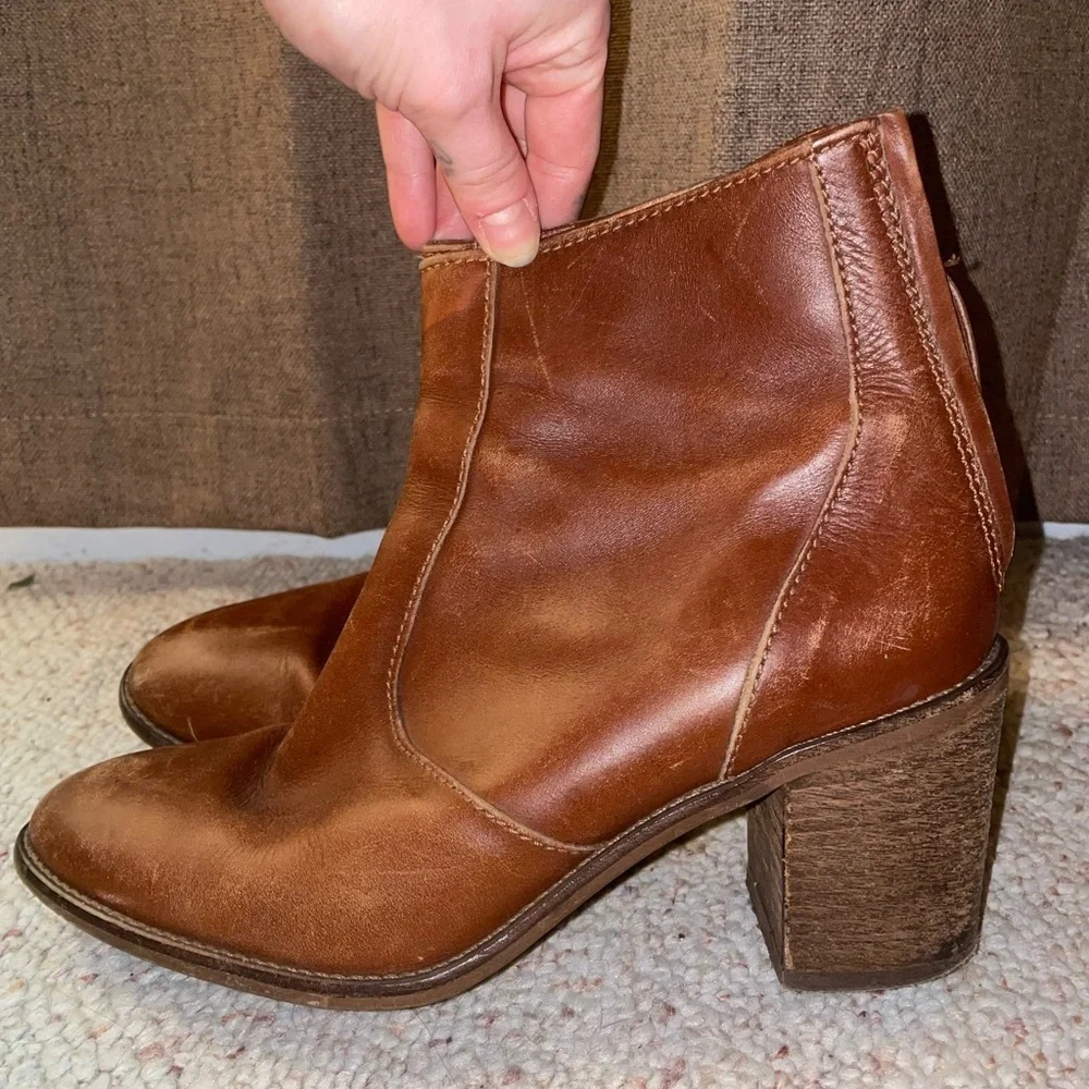 Madewell Brown Ankle Boot with Chunky Heel Western Leather Comfy Zip Up Cowgirl